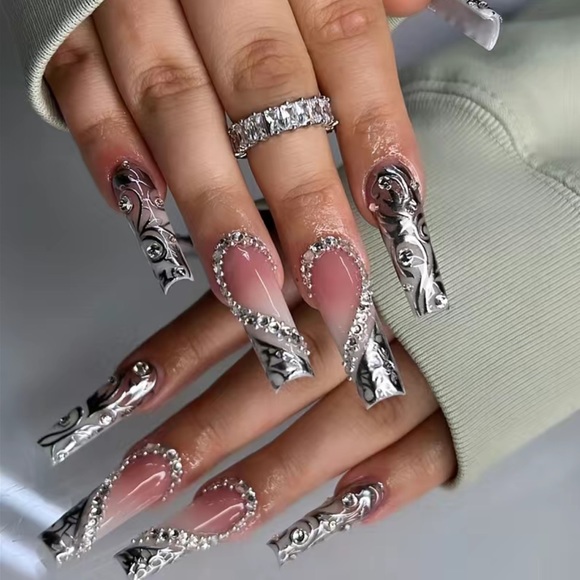 NEW BRAND Other - NEW: Glossy Long Square Nails With Silvery Stripe 3D Heart Rhinestone Design